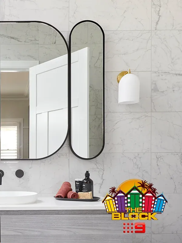 The Block 2020: Daniel & Jade's guest ensuite Camilla Wall Bracket Brass | Beacon Lighting